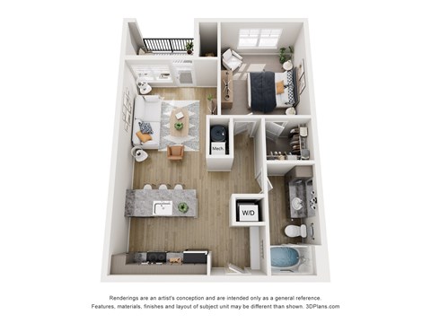 A 3D floor plan of a small apartment with a kitchen, living room, and bathroom.